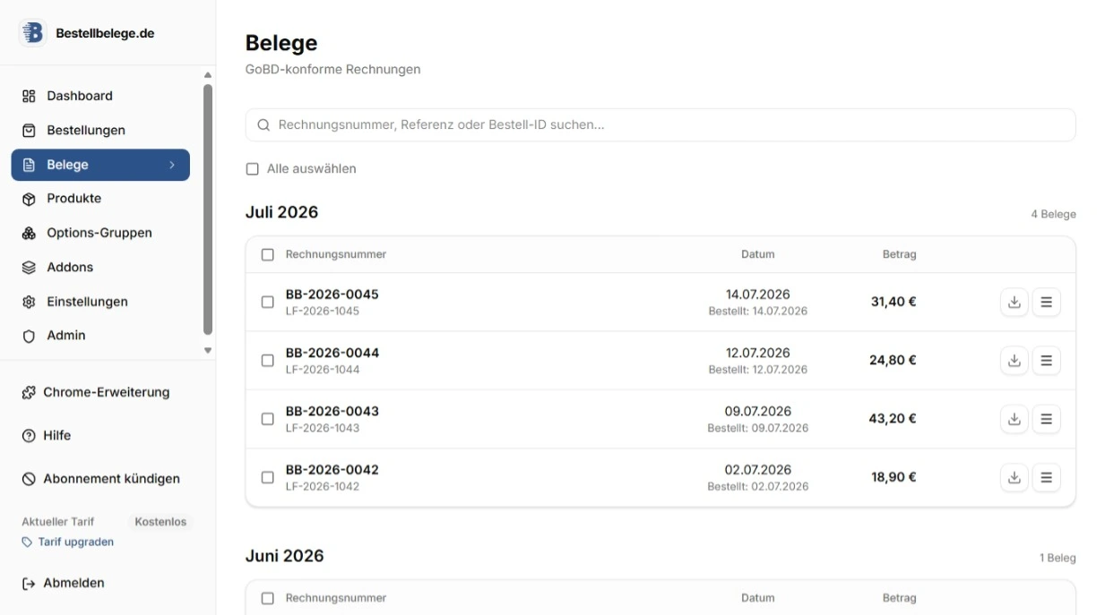 Produktansicht: Belege in Bestellbelege.de herunterladen