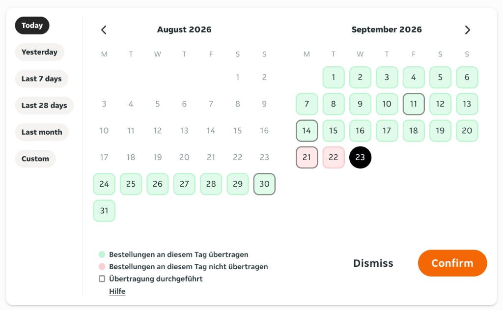 Datumsfilter mit Übertragungsstatus: grüne und rote Tage sowie Rahmen für durchgeführte Übertragungen