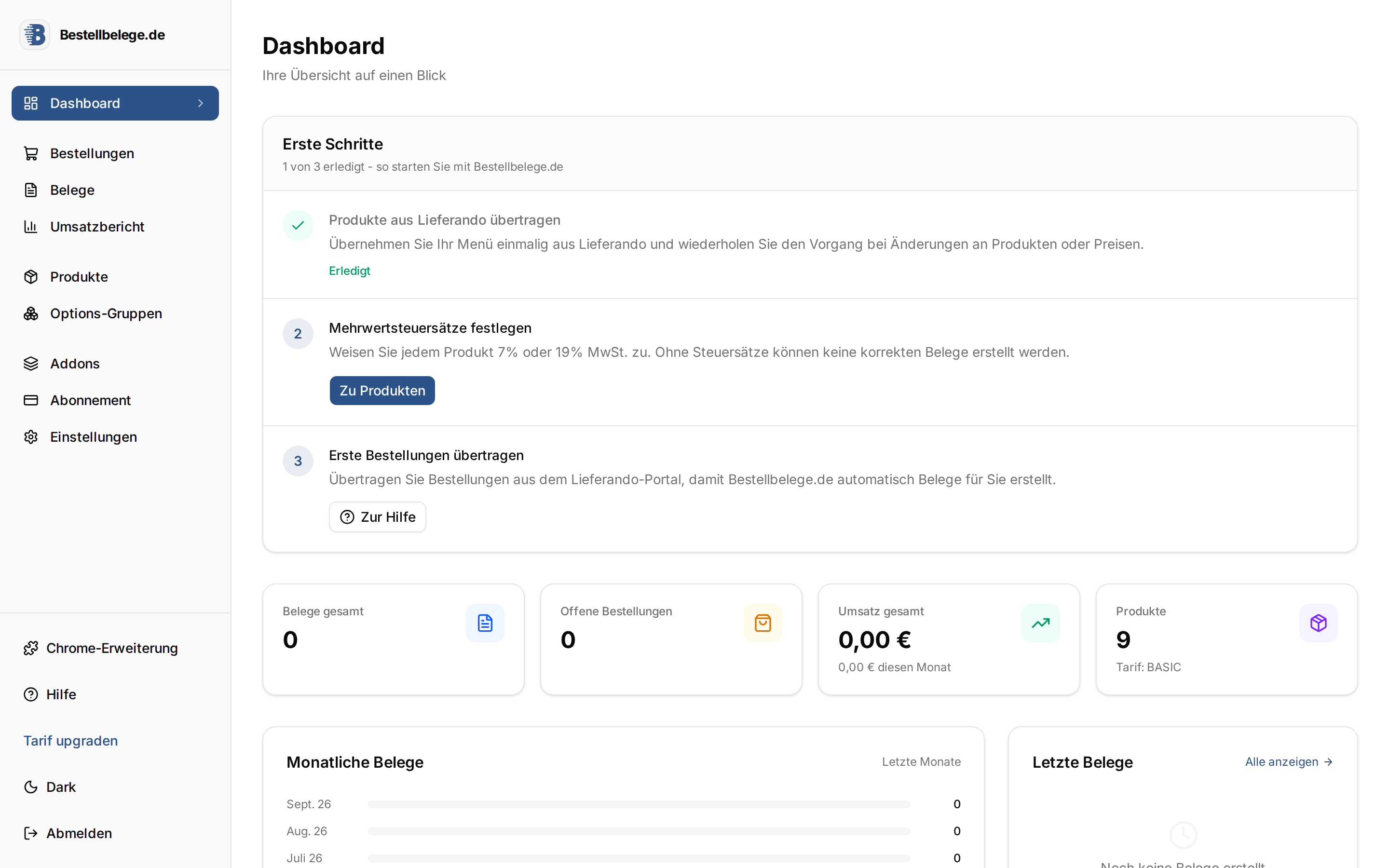 Dashboard von Bestellbelege.de