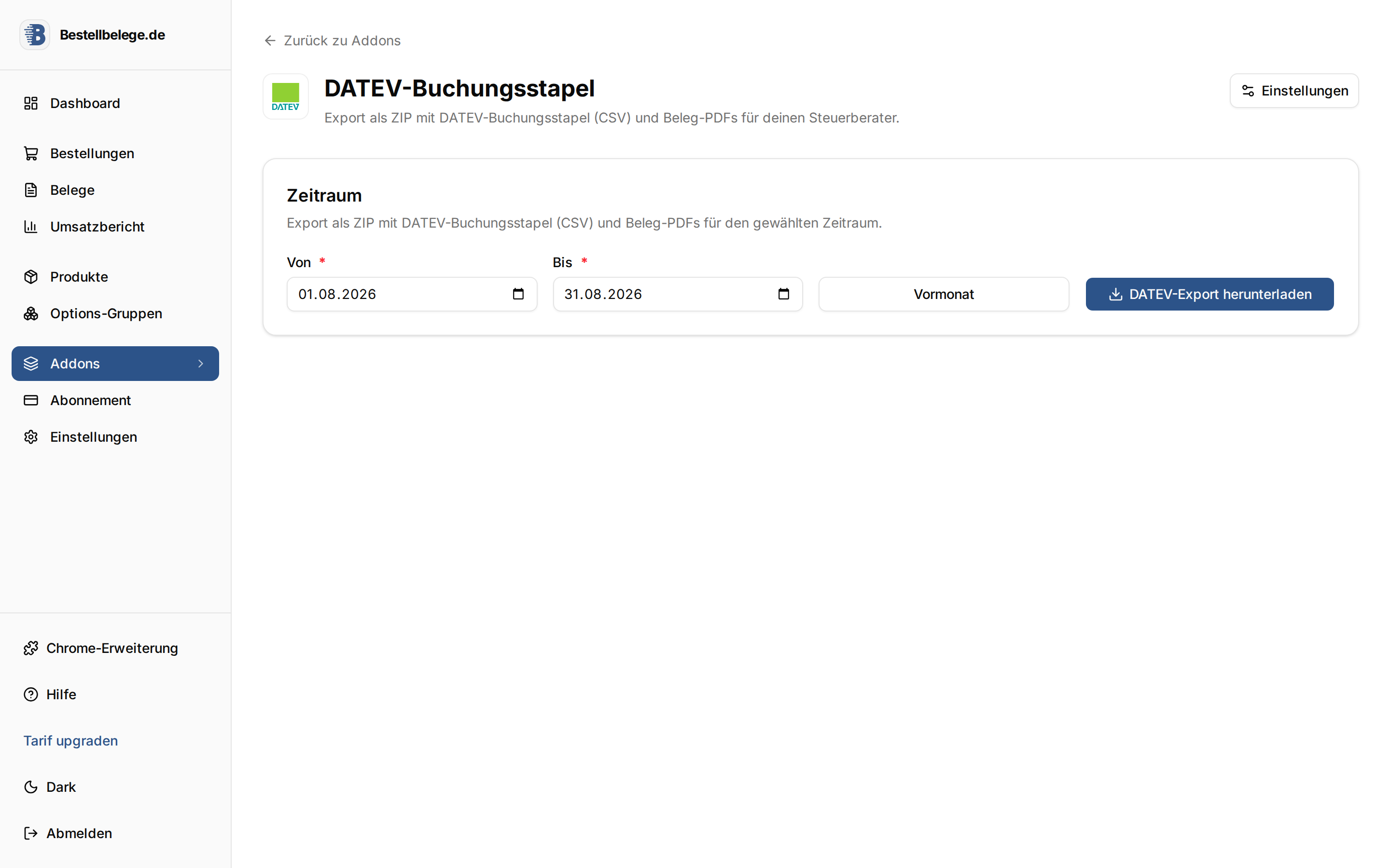 DATEV-Buchungsstapel Addon mit Zeitraum und Export in Bestellbelege.de