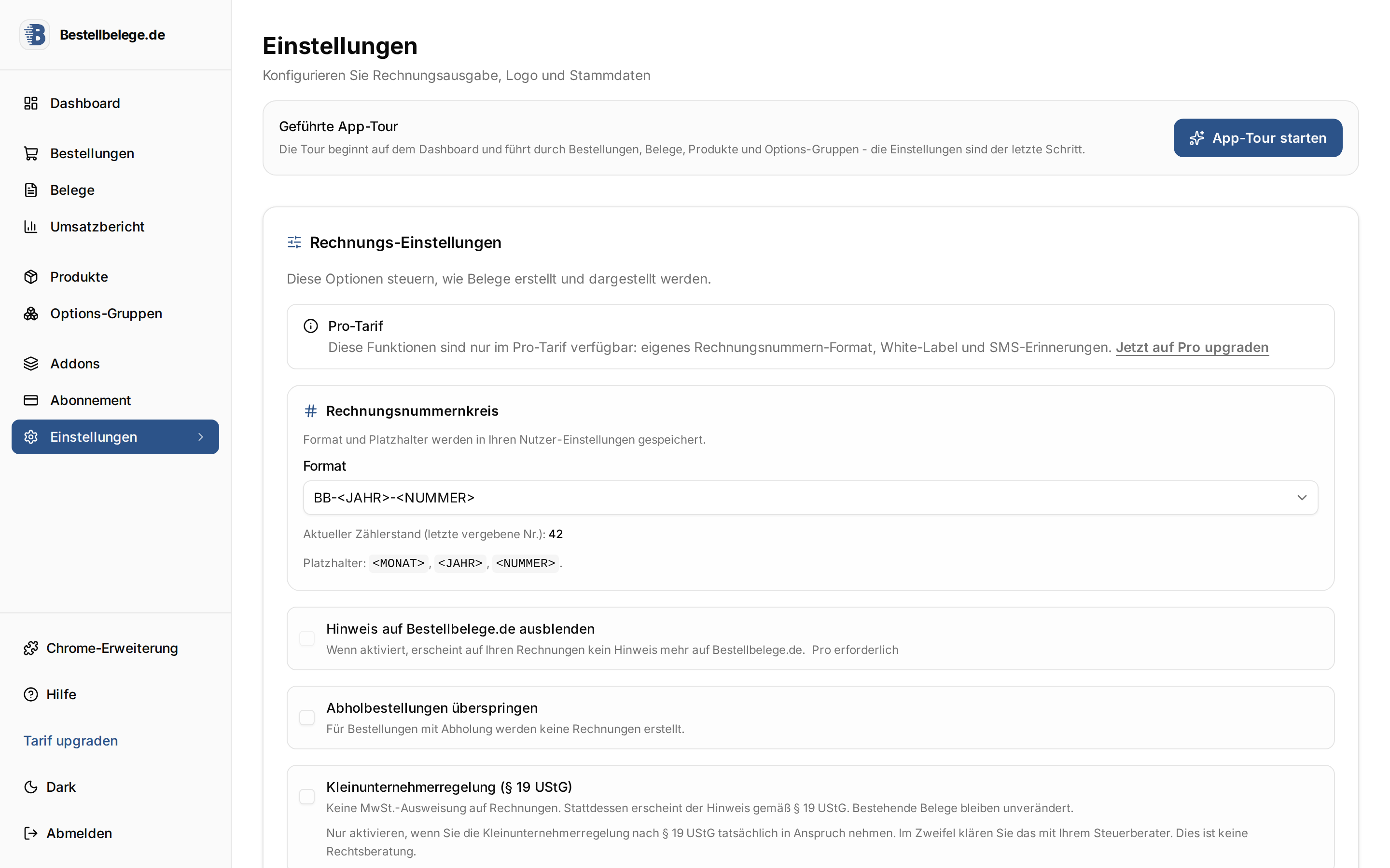 Einstellung Kleinunternehmerregelung in Bestellbelege.de