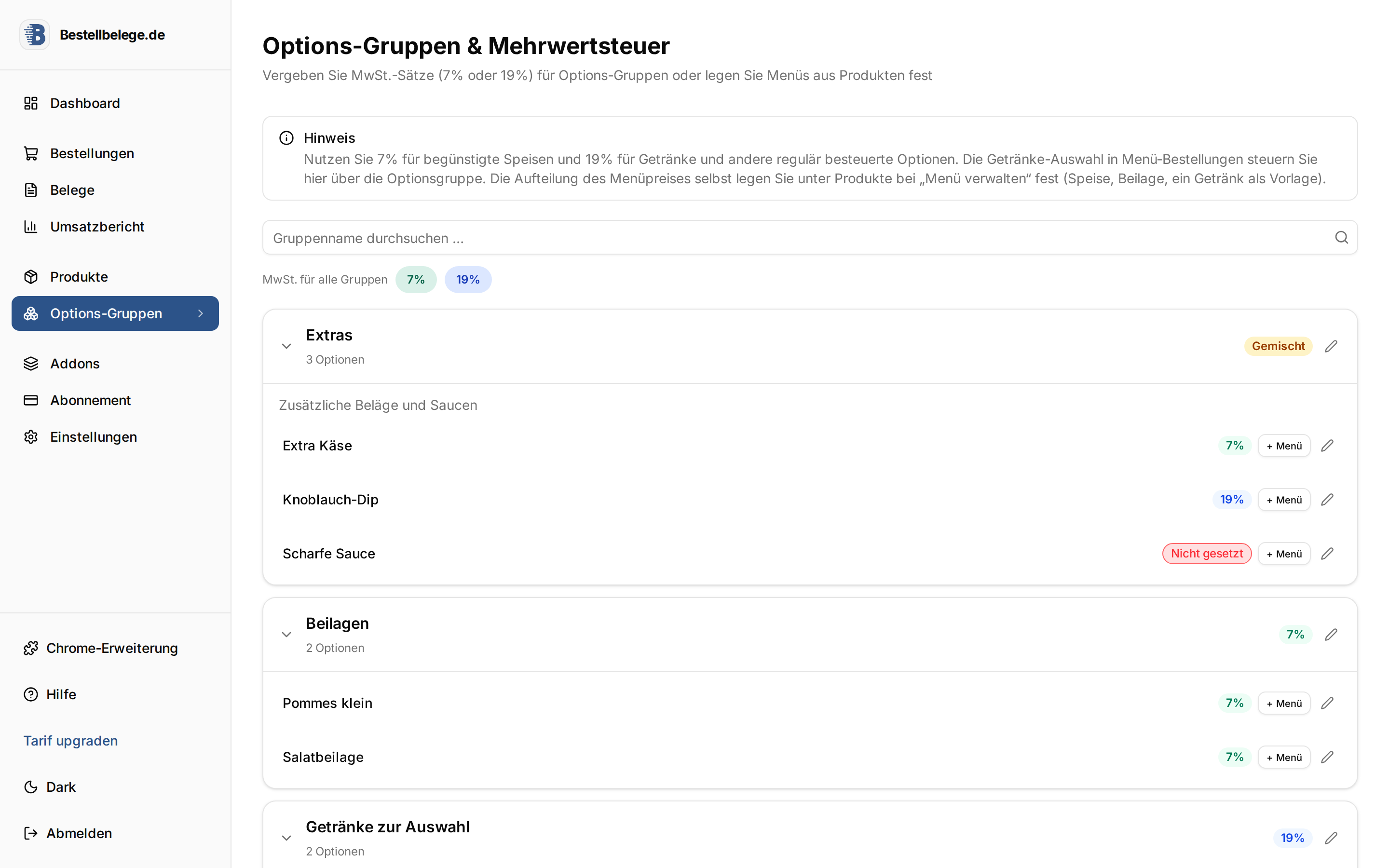 Optionsgruppen und Optionen mit MwSt.-Sätzen in Bestellbelege.de