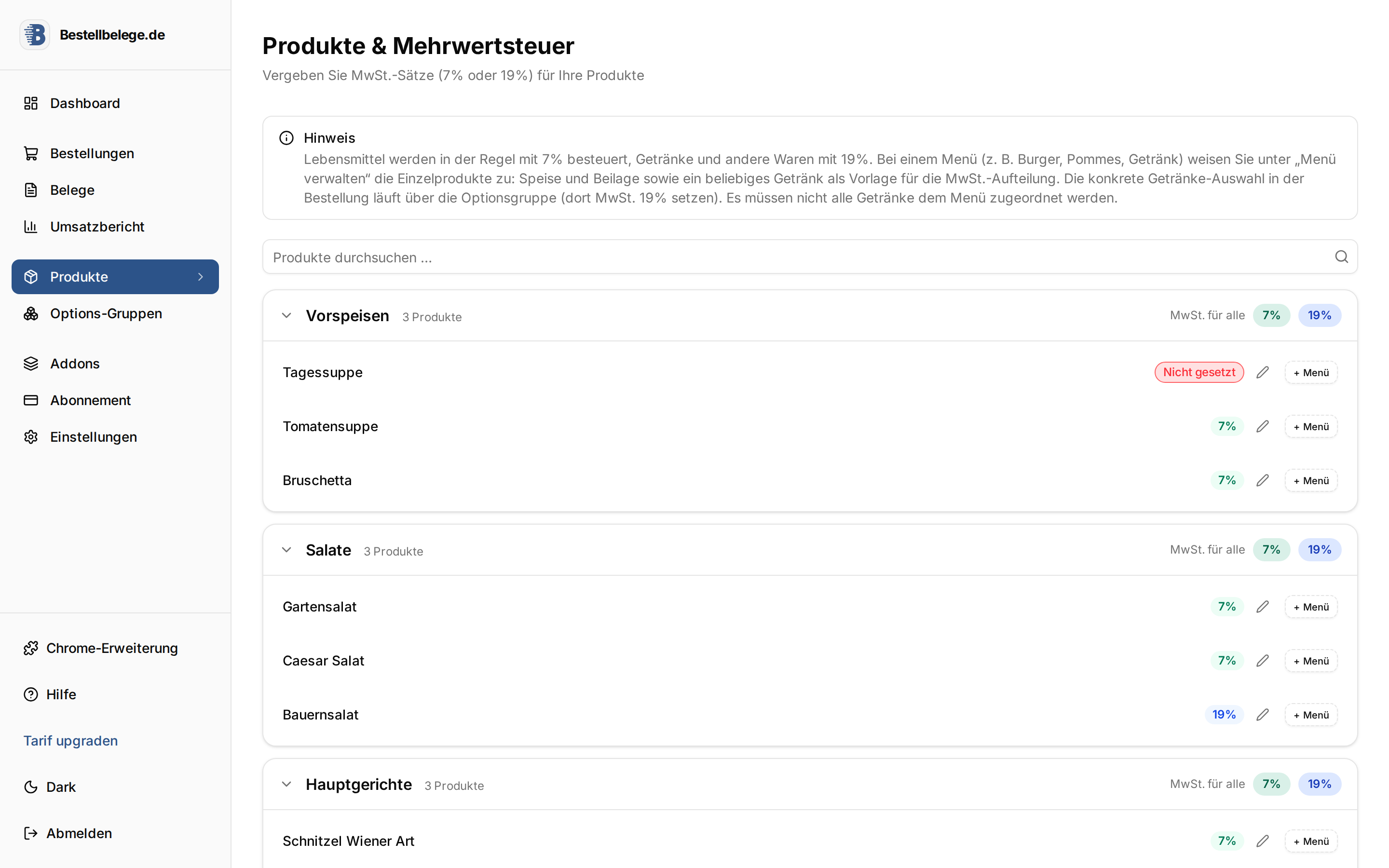 Produktliste in Bestellbelege.de nach der Synchronisation