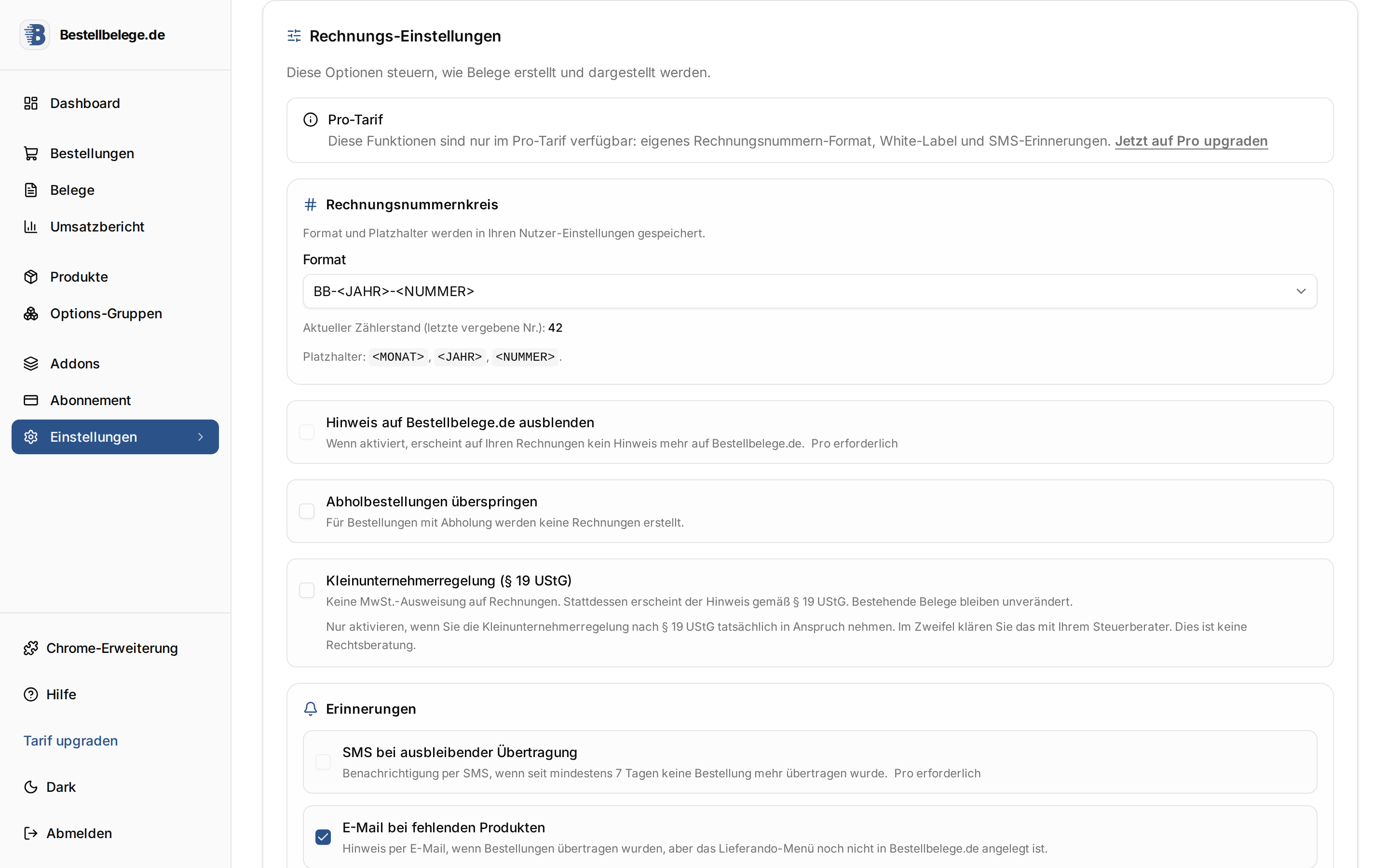 Rechnungseinstellungen und Restaurant-Informationen in Bestellbelege.de