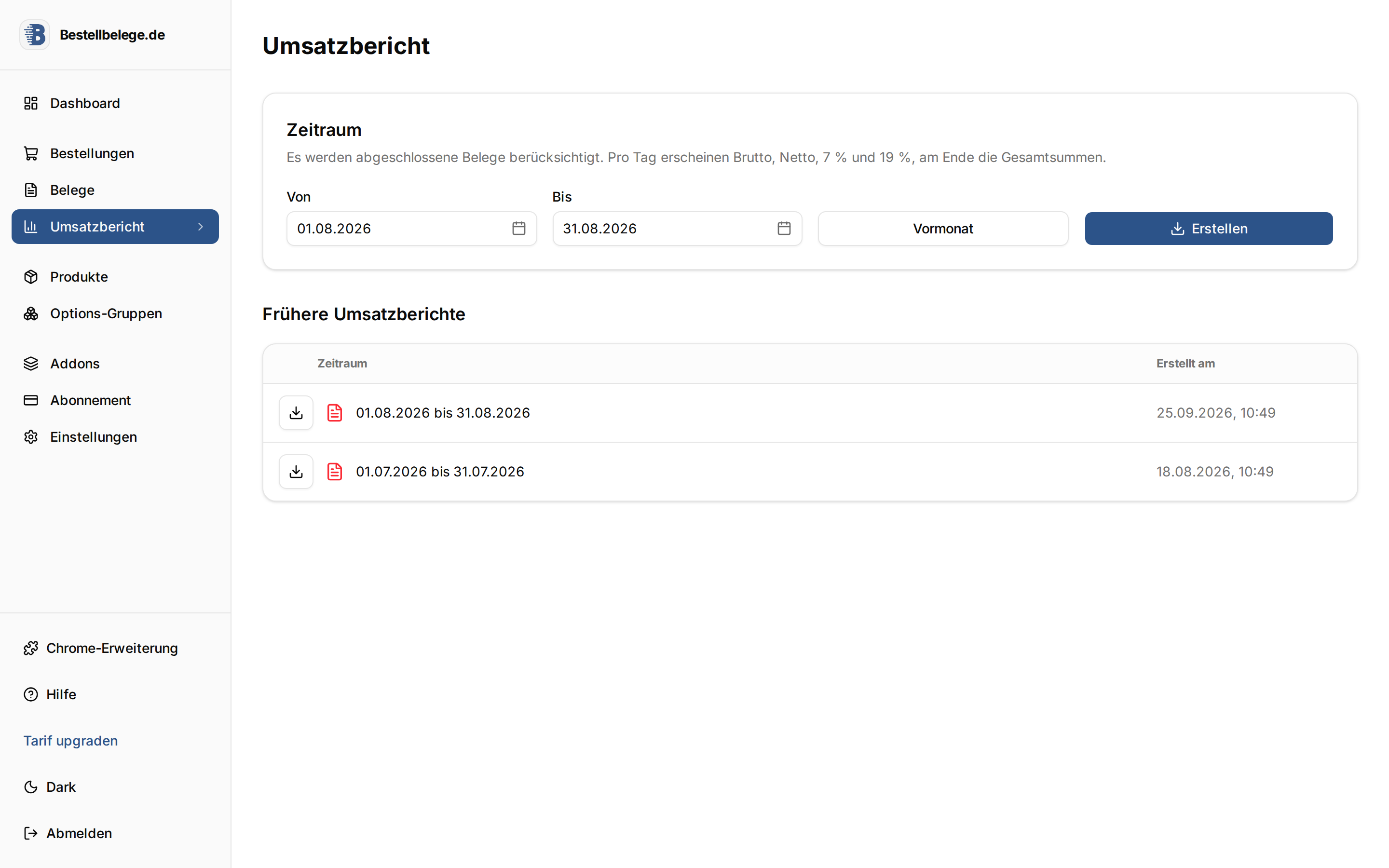 Umsatzbericht mit Zeitraumauswahl in Bestellbelege.de