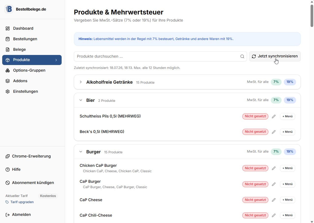 Schaltfläche Jetzt synchronisieren auf der Produkte-Seite