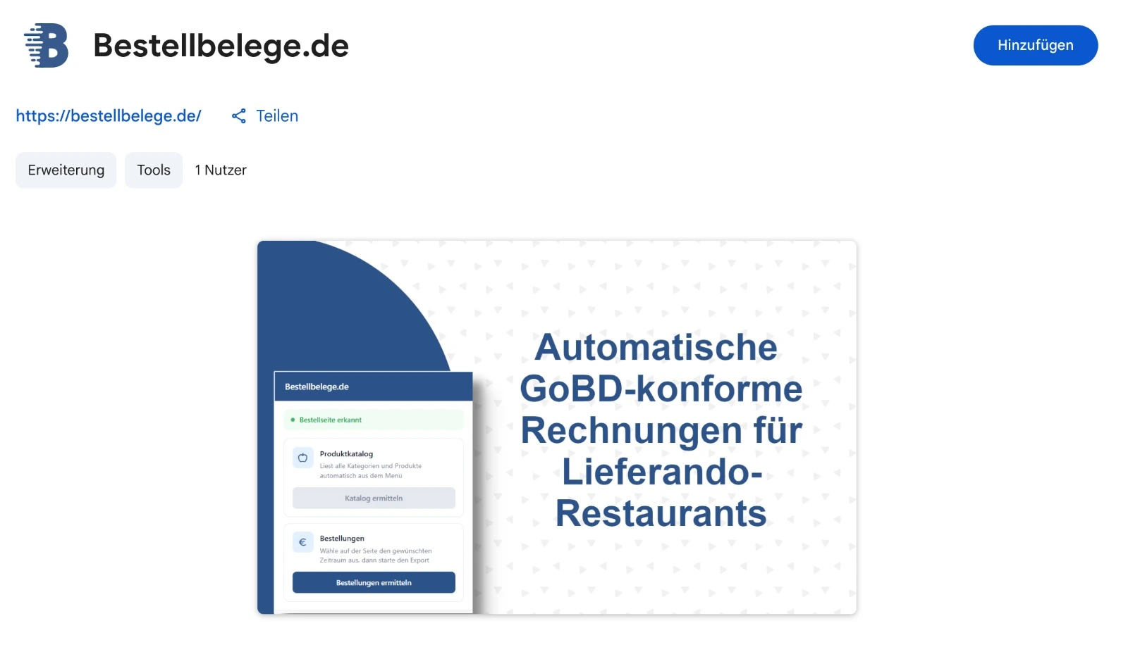 Bestellbelege.de Erweiterung im Chrome Web Store