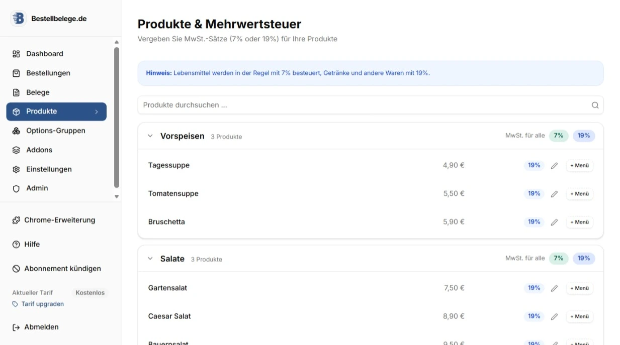 MwSt.-Sätze für Produkte festlegen